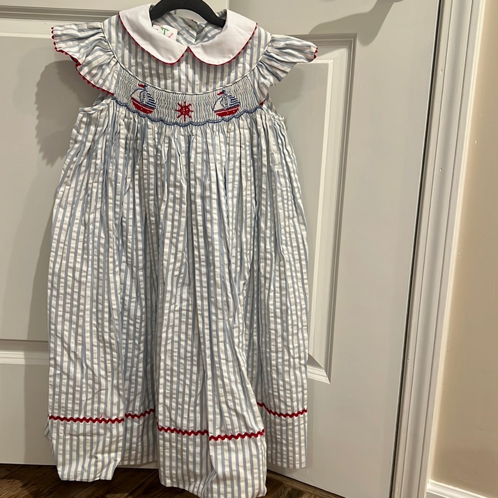 Shrimp and Grits size 8 sail boat dress. Blue and white stripes.
